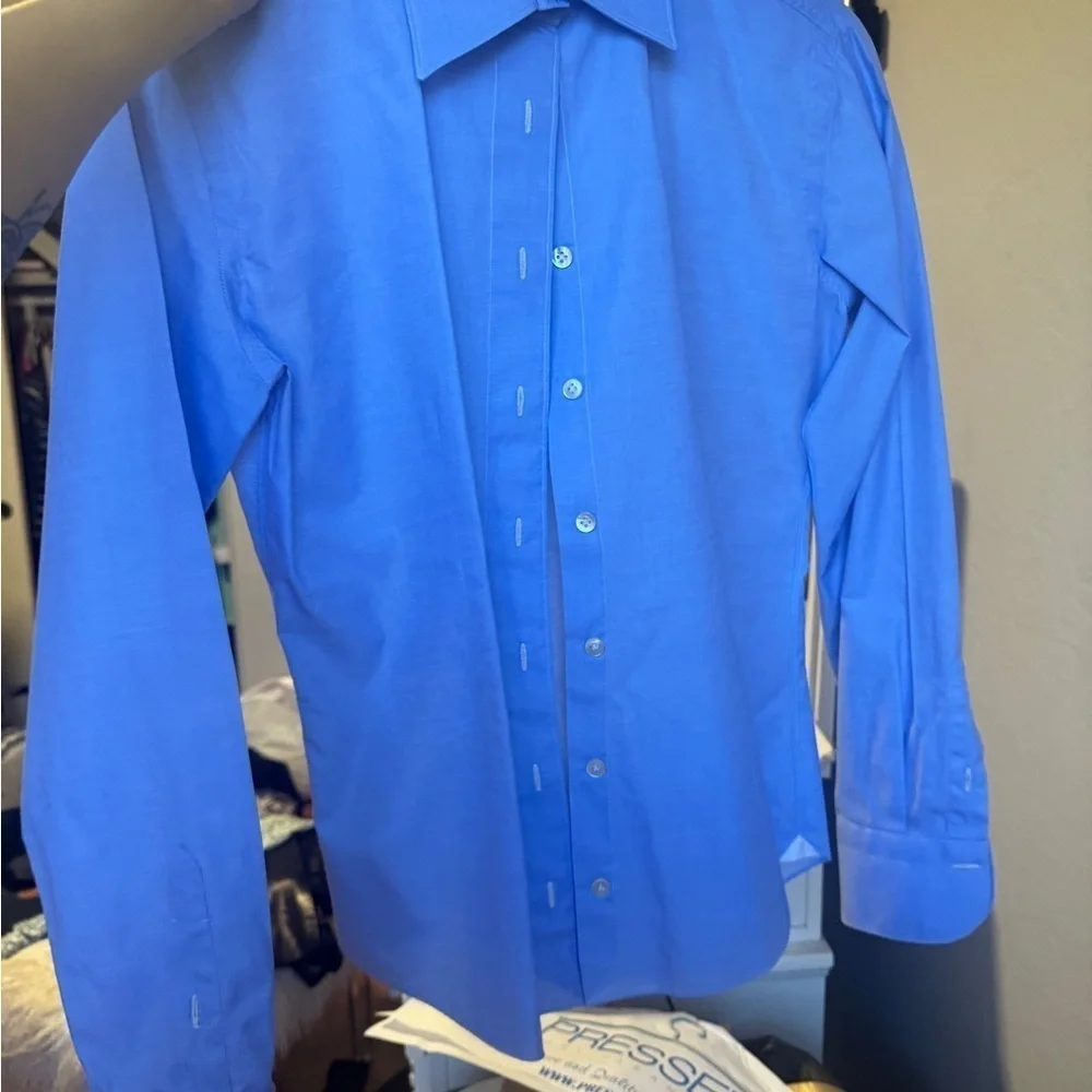 FInamore 1925 AUTHENTIC Tailored Blue Dress Shirt with Pointed Collar. Size 44